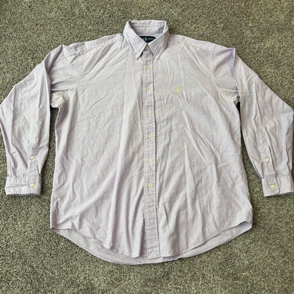 RALPH LAUREN Men's Size large Button Up Shirt Light Purple lime green logo #0029